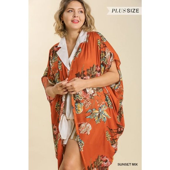 Umgee Tops - NWOT Umgee Arianna Sunset Floral Cocoon Hem Kimono Sizes XL/1X Orange